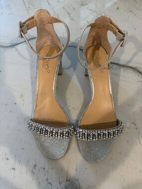 Badgley Mischka Silver Glitter Crystal-Ankle Strap Heels